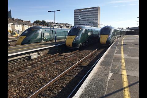 Three Hitachi-built electro-diesel trainsets of Class 800 and 802 meet at Plymouth.